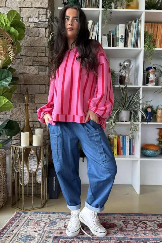 Scamp Lantern Sweatshirt Vertical Stripe Hot Pink & Red